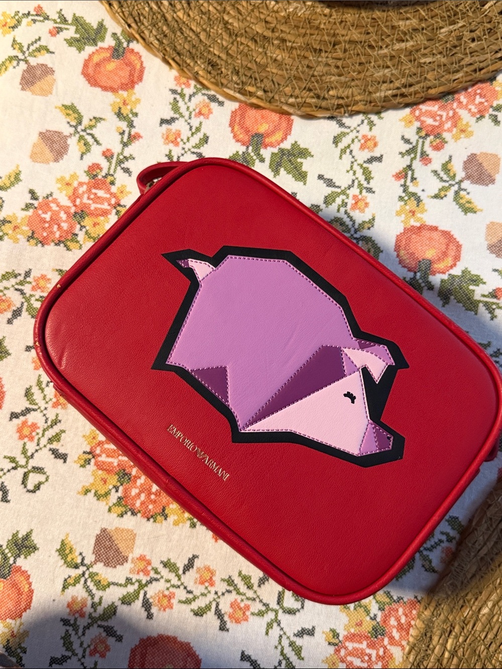 Emporio Armani Red Leather Crossbody with Pink and Lavender Pig